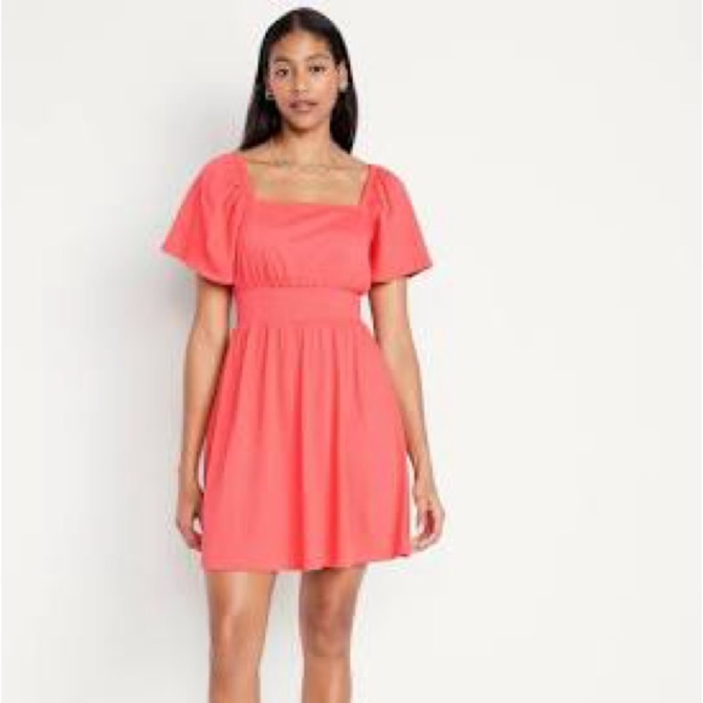 🆕 Old Navy | Waist-Defined Flutter-Sleeve Mini Dress, Coral Tropics, NWT